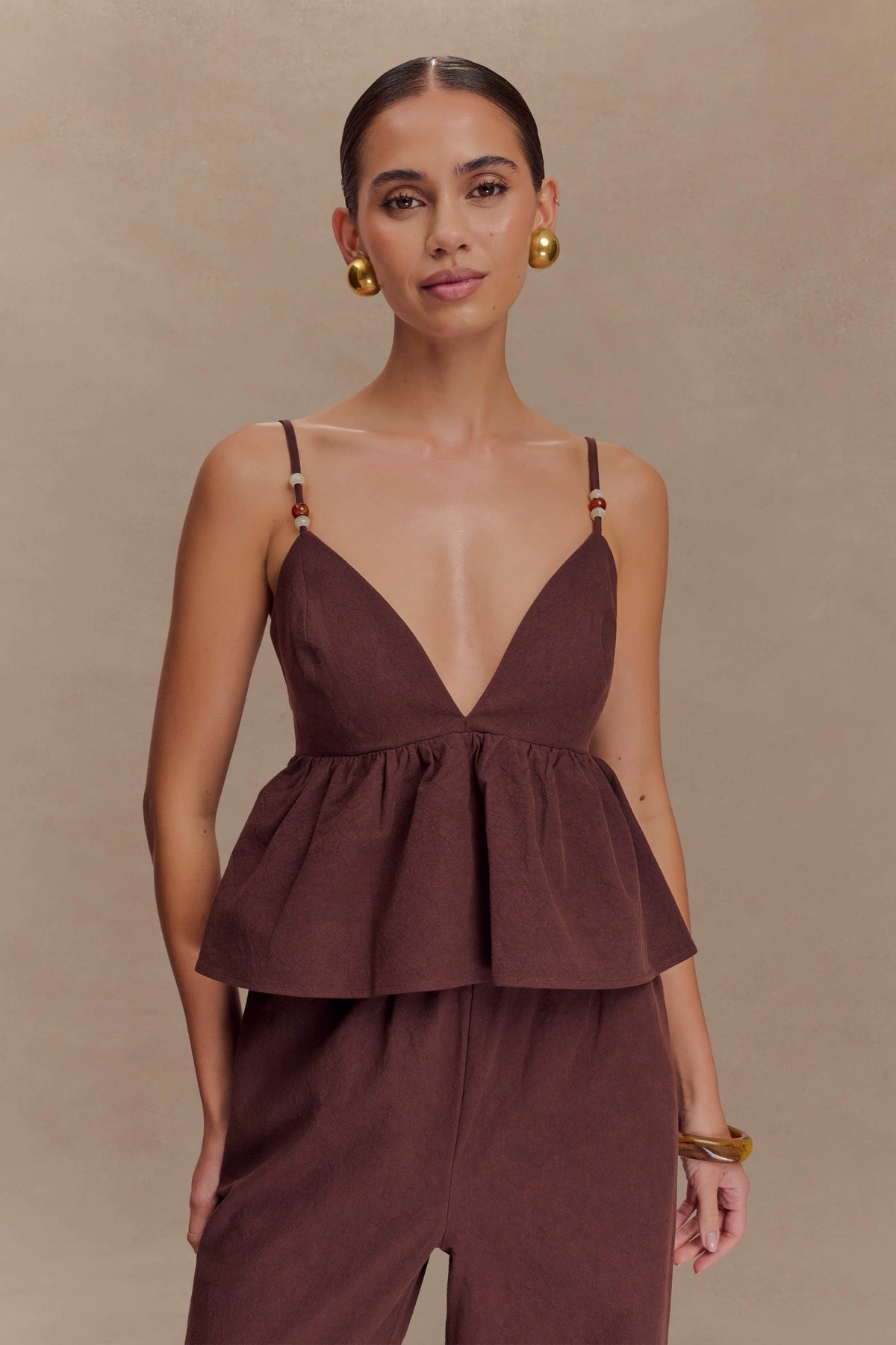 Janayia Cotton Beaded Top - Dark Espresso