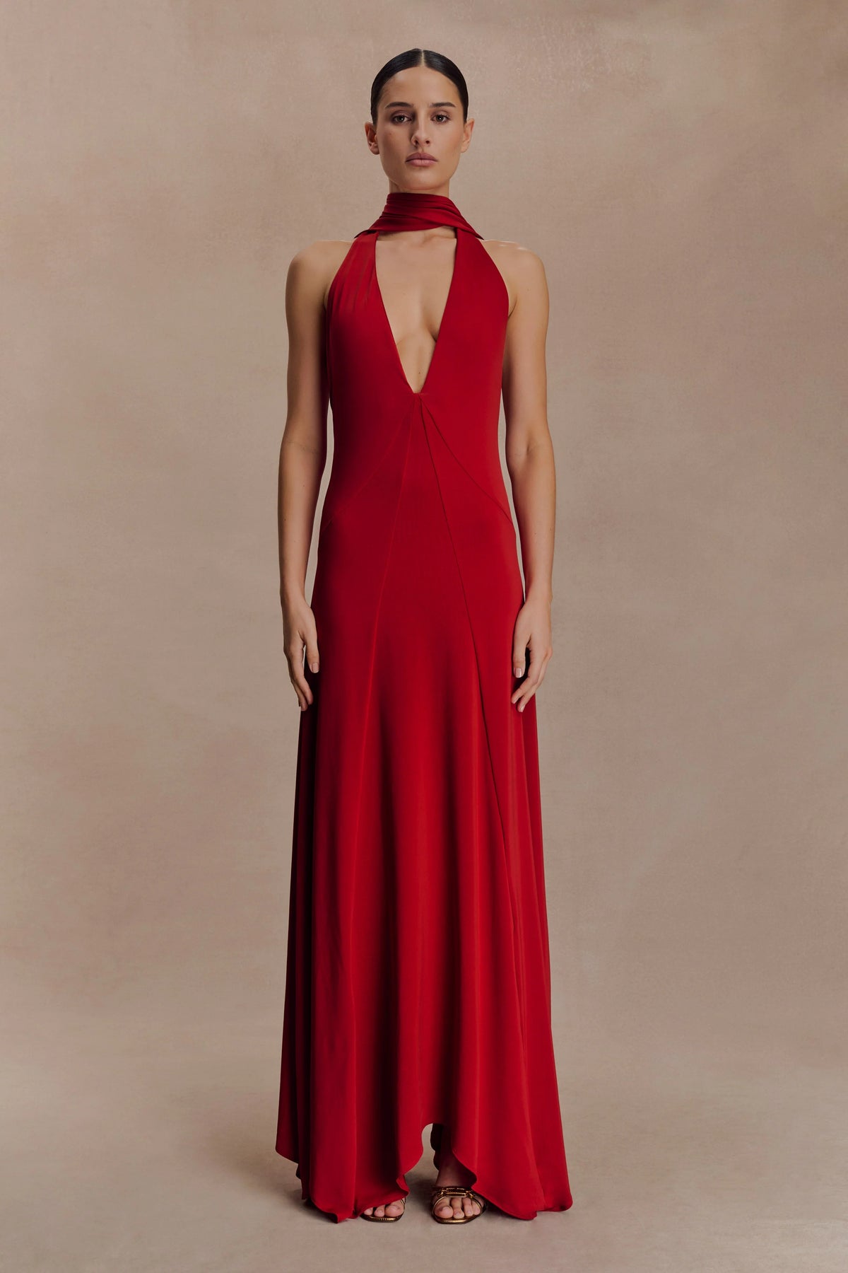 Juliet Slinky Maxi Dress With Scarf - Ruby