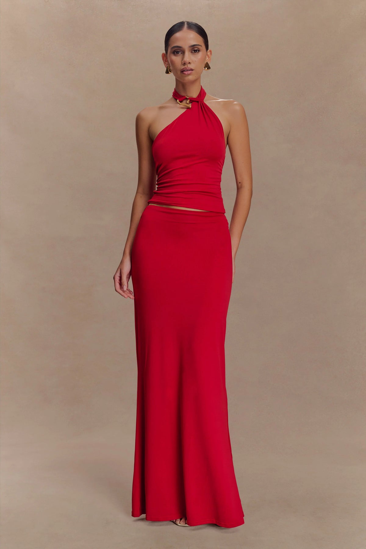 Bruna Slinky Fishtail Maxi Skirt - Red