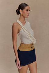 Miranda Faux Suede Belted Denim Mini Skirt - Indigo Blue