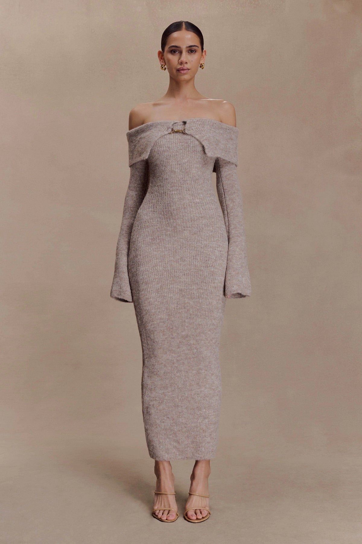 Baxter Off Shoulder Fluffy Knit Midi Dress - Taupe Marle