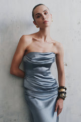 Jasmine Strapless Satin Maxi Dress - Frosted Blue