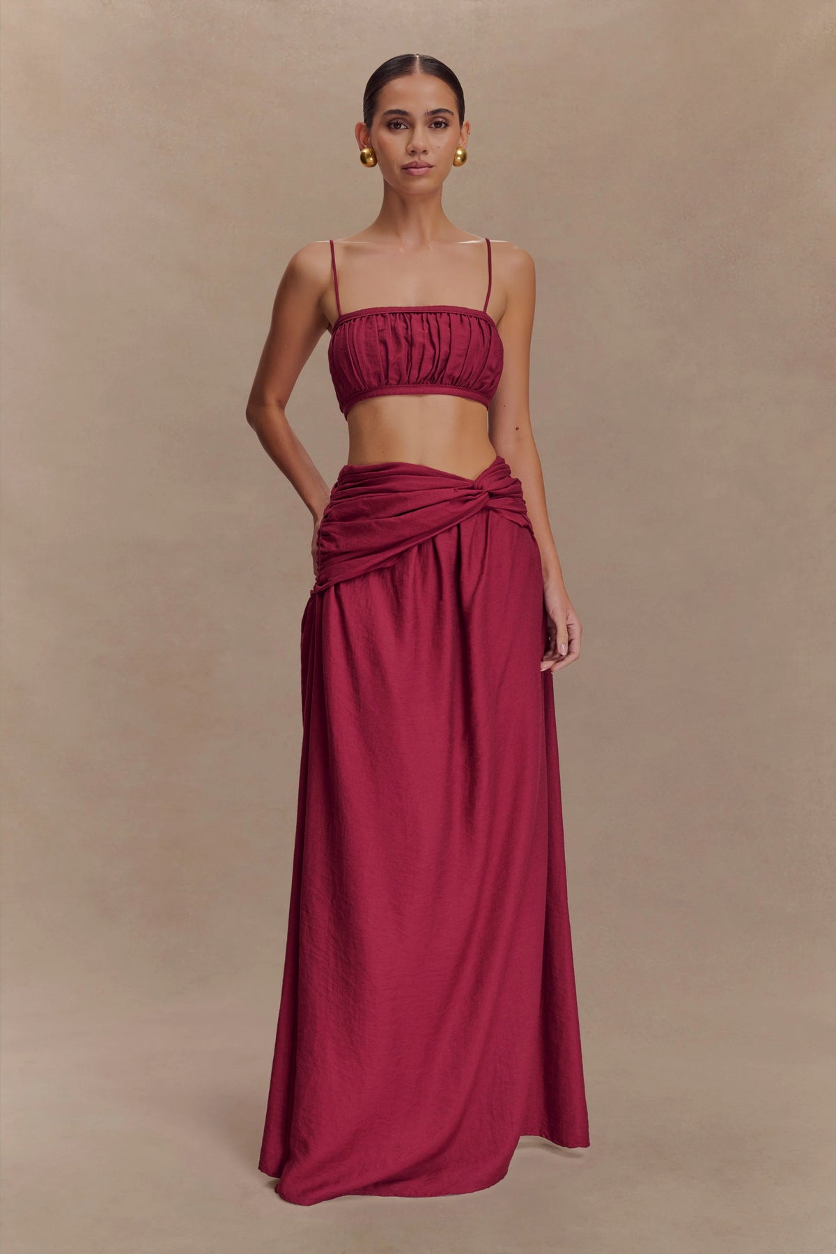Scottie Gathered Linen Knot Maxi Skirt - Wine