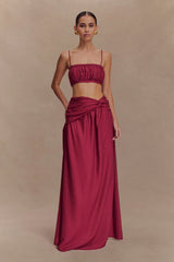 Scottie Gathered Linen Knot Maxi Skirt - Wine