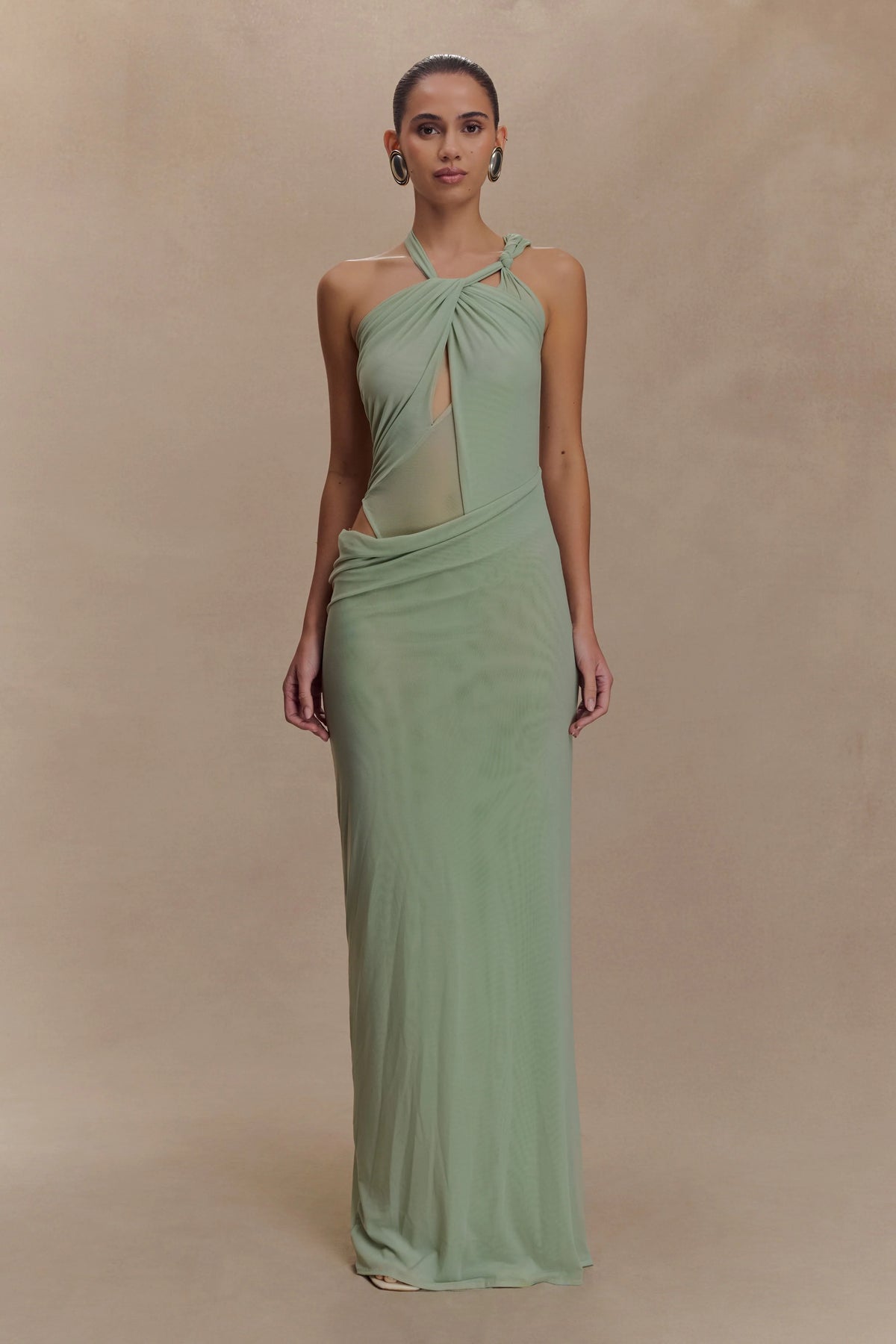 Edwina Knotted Mesh Maxi Dress - Sage