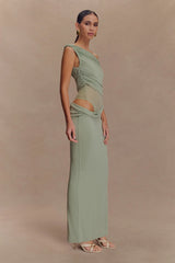 Callen One Shoulder Slinky Maxi Dress - Sage