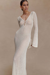 Kayleigh Crochet Fishtail Flare Sleeve Maxi Dress - White