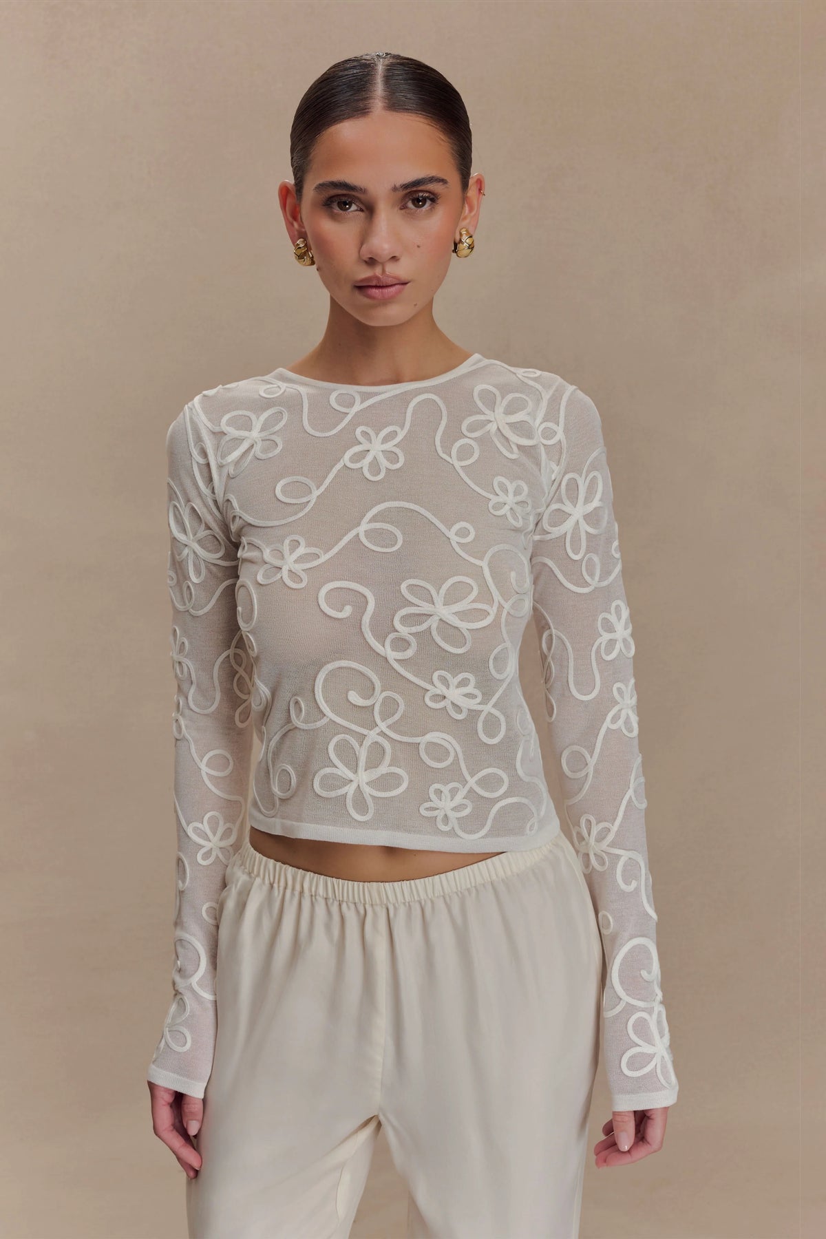 Omari Embroidery Long Sleeve Knit Top - Ivory