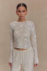 Omari Embroidery Long Sleeve Knit Top - Ivory