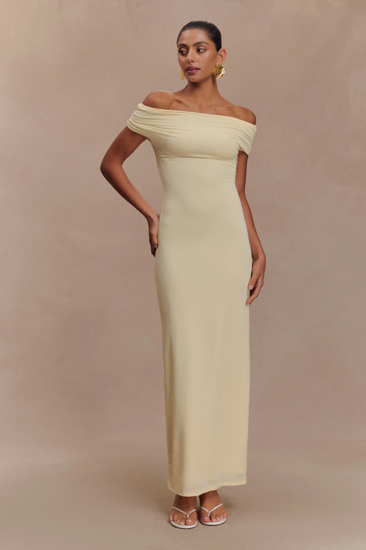 Imogen Off Shoulder Slinky Maxi Dress - Lemon