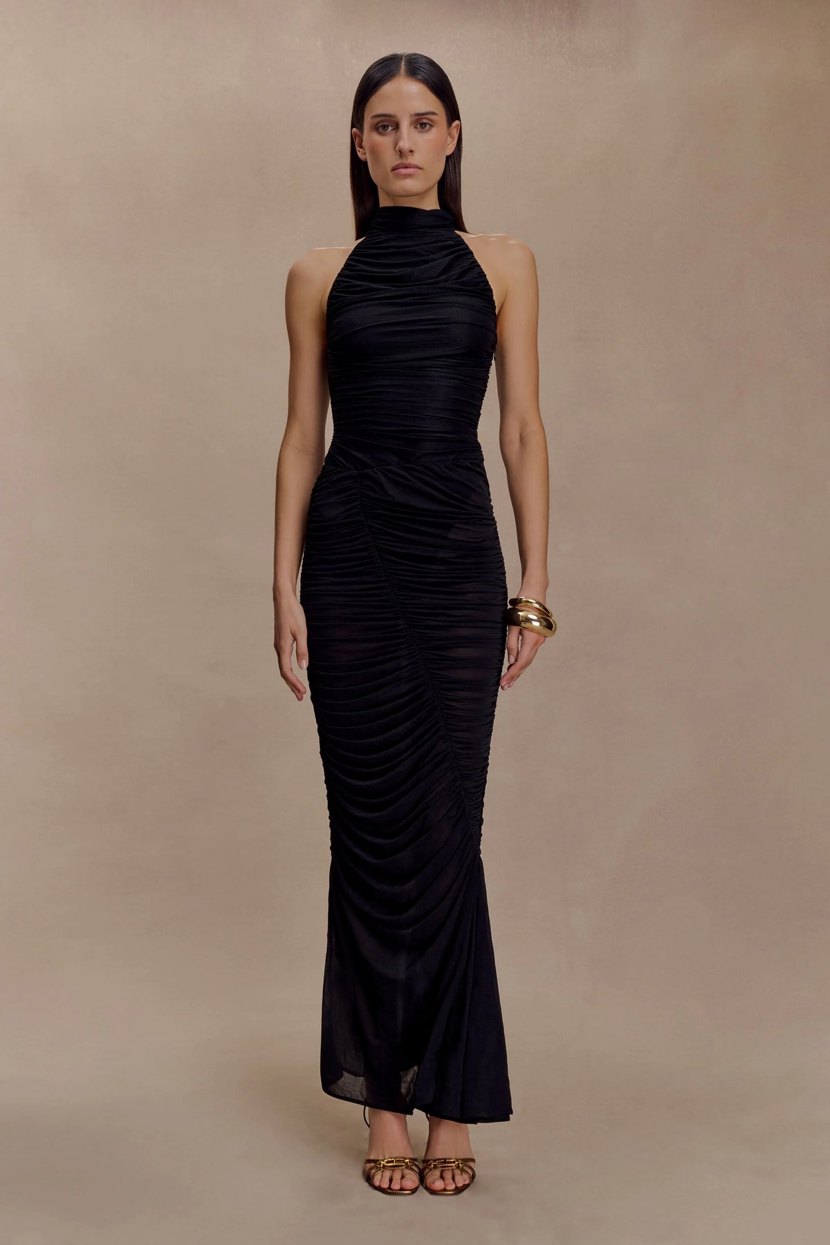 Matilda Ruched Mesh Maxi Skirt - Black