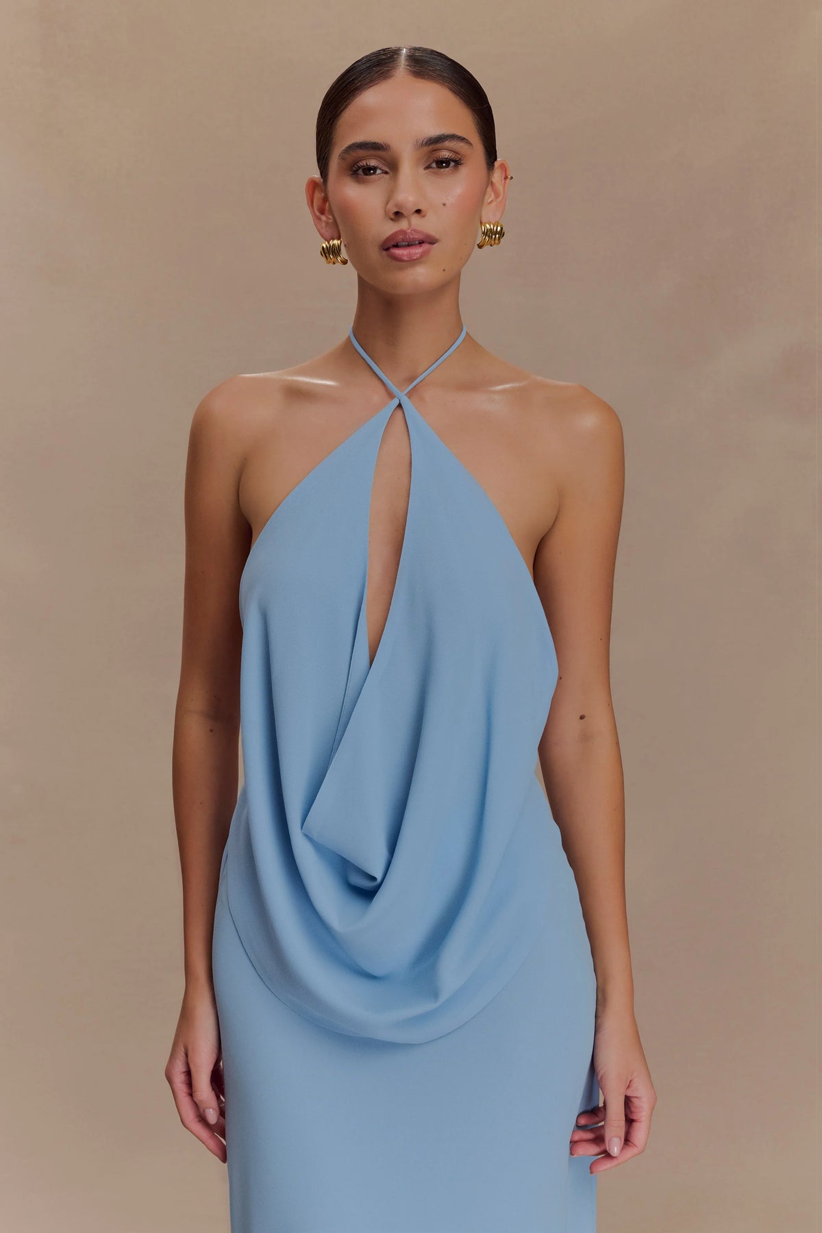 Katalina Chiffon Cowl Halter Top - Sky Blue