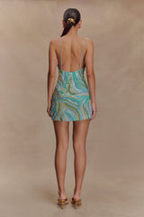 Eloise Hand Beaded Mini Dress - Blue Swirl Print