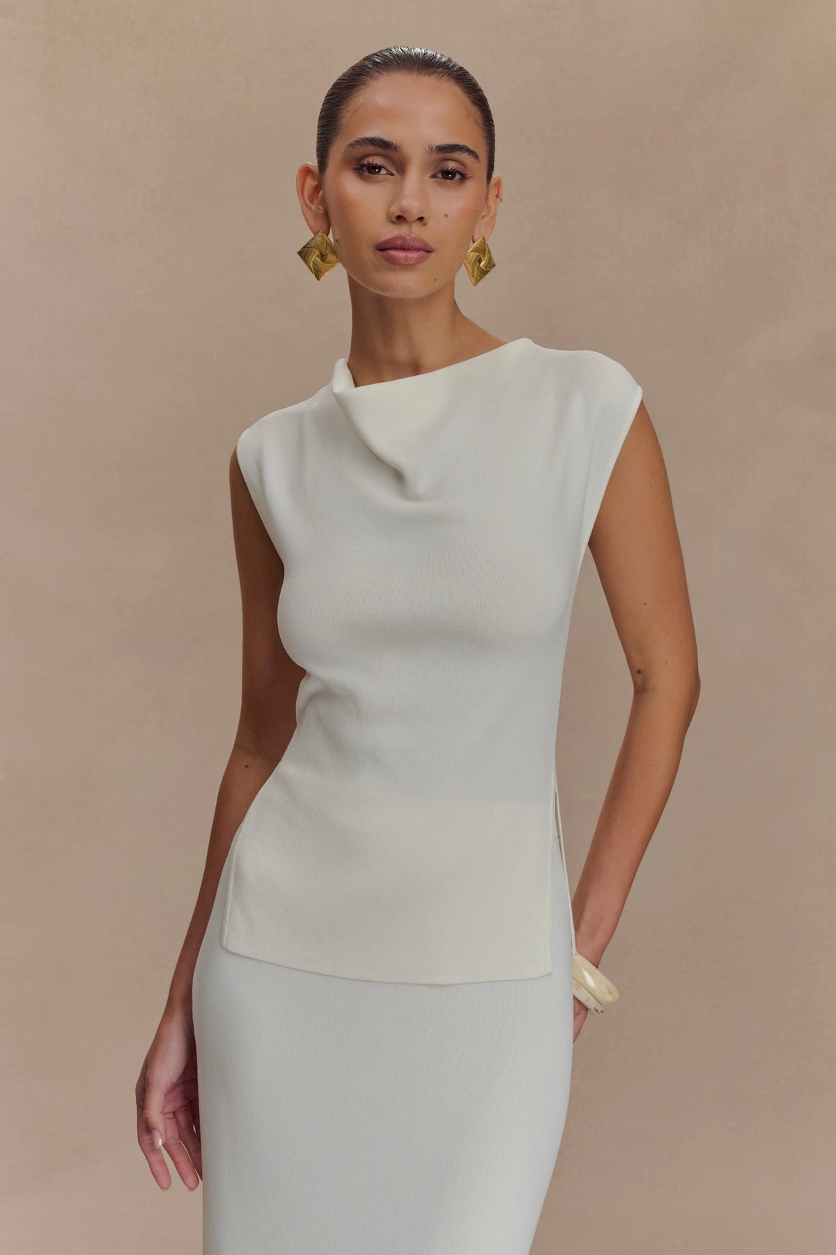 Francisca Cowl Neck Knit Top - White