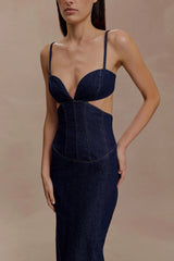 Amila Denim Cupped Maxi Dress - Indigo Blue