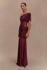 Dallas One Shoulder Mesh Maxi Dress - Burgundy