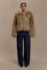 Ottie Mongolian Faux Fur Cropped Jacket - Brown Multi