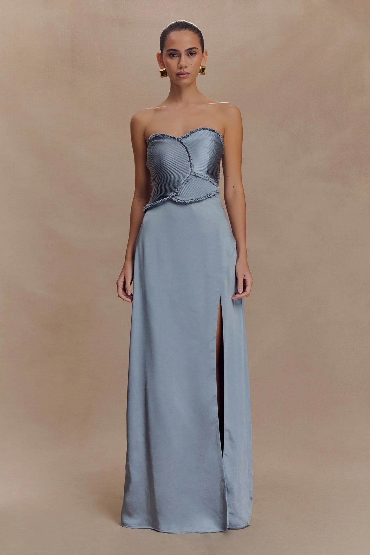 Larissa Satin Maxi Dress With Ruched Petals - Frosted Blue