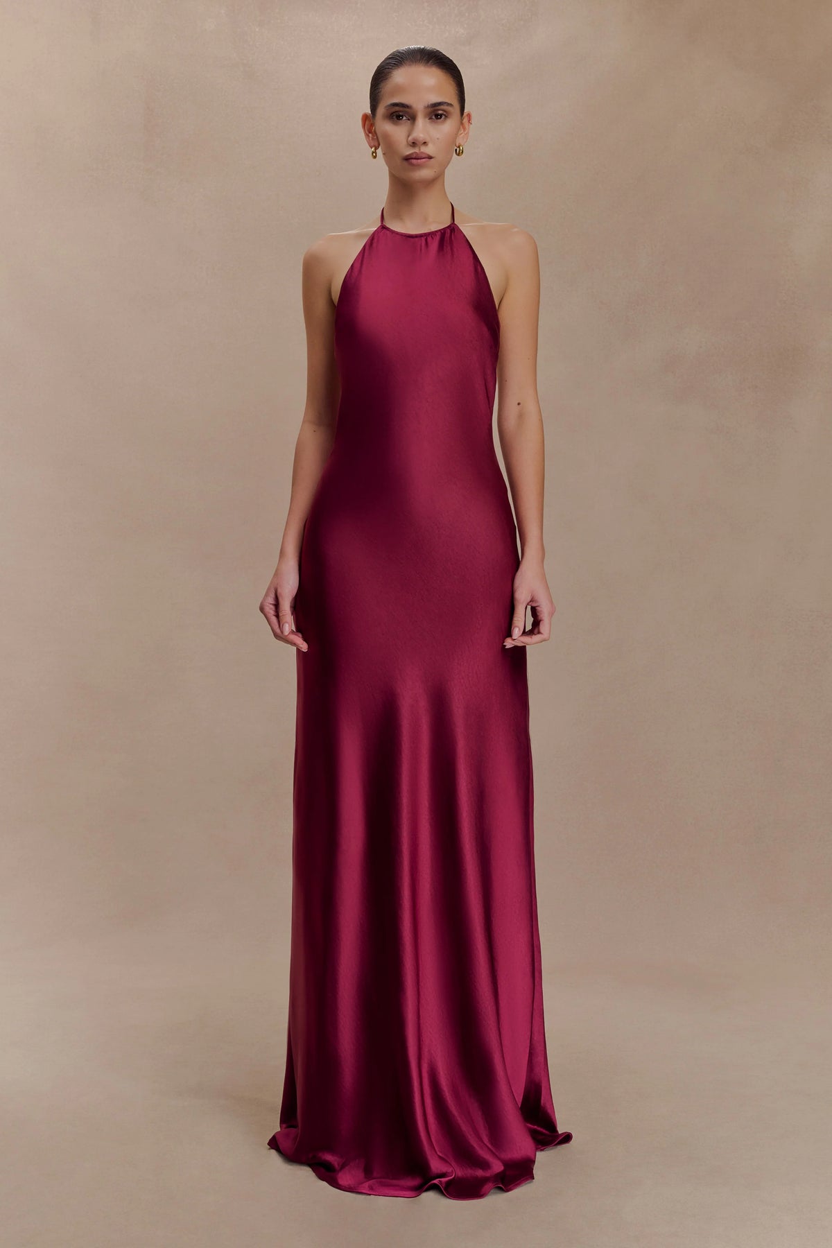 Bella Satin Halter Maxi Dress - Mahogany