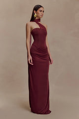 Mattea Slinky And Mesh Maxi Dress With Scarf - Burgundy