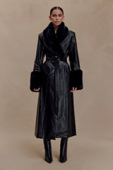 Bec Faux Leather Trench Coat With Faux Fur - Black