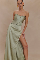 Larissa Satin Maxi Dress With Ruched Petals - Sage