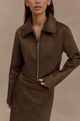 Hayes Faux Suede Collared Jacket - Chocolate
