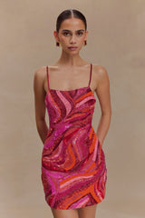 Eloise Hand Beaded Mini Dress - Pink Swirl Print