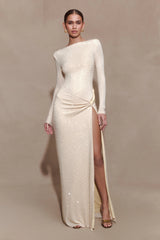 Deanna Long Sleeve Diamante Maxi Dress - Gold