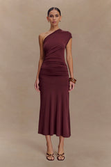 Chloe Peached Jersey One Shoulder Midi Dress - Mahogany