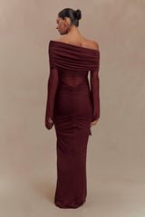 Kaitlin One Shoulder Slinky And Mesh Maxi Dress - Burgundy