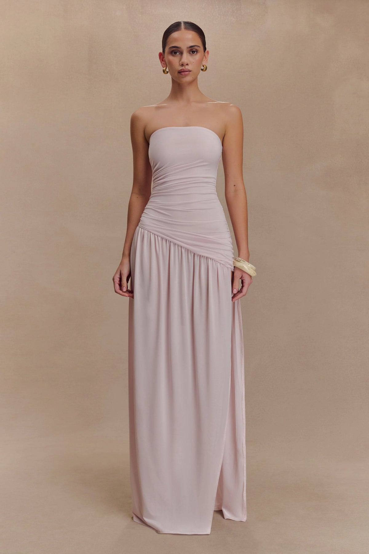 Bex Strapless Slinky Maxi Dress With Split - Pale Pink