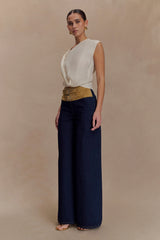 Miranda Faux Suede Belted Denim Wide Leg Jeans - Indigo Blue
