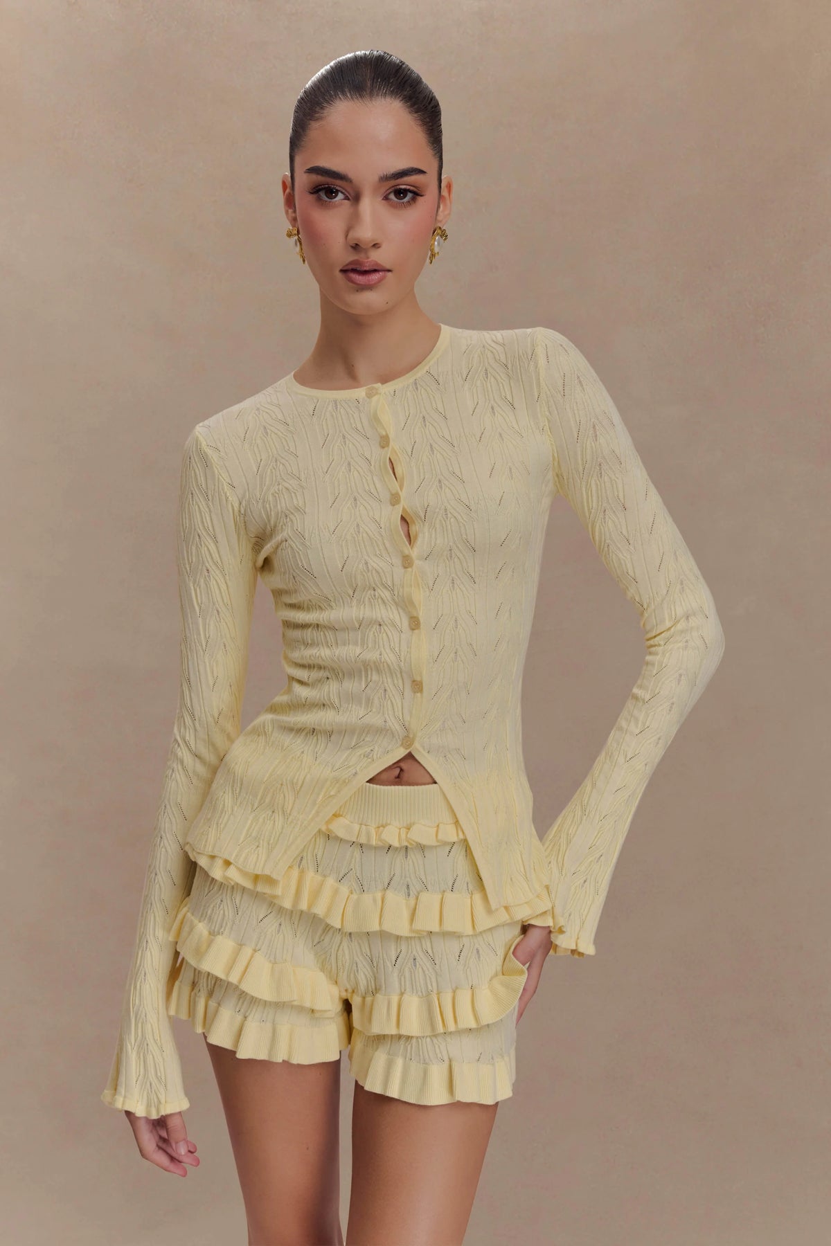 Amy Pointelle Bell Sleeve Cardigan - Lemon