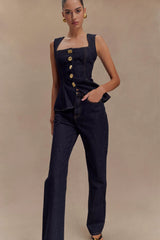 Janine High Waisted Straight Leg Jeans - Washed Indigo Blue