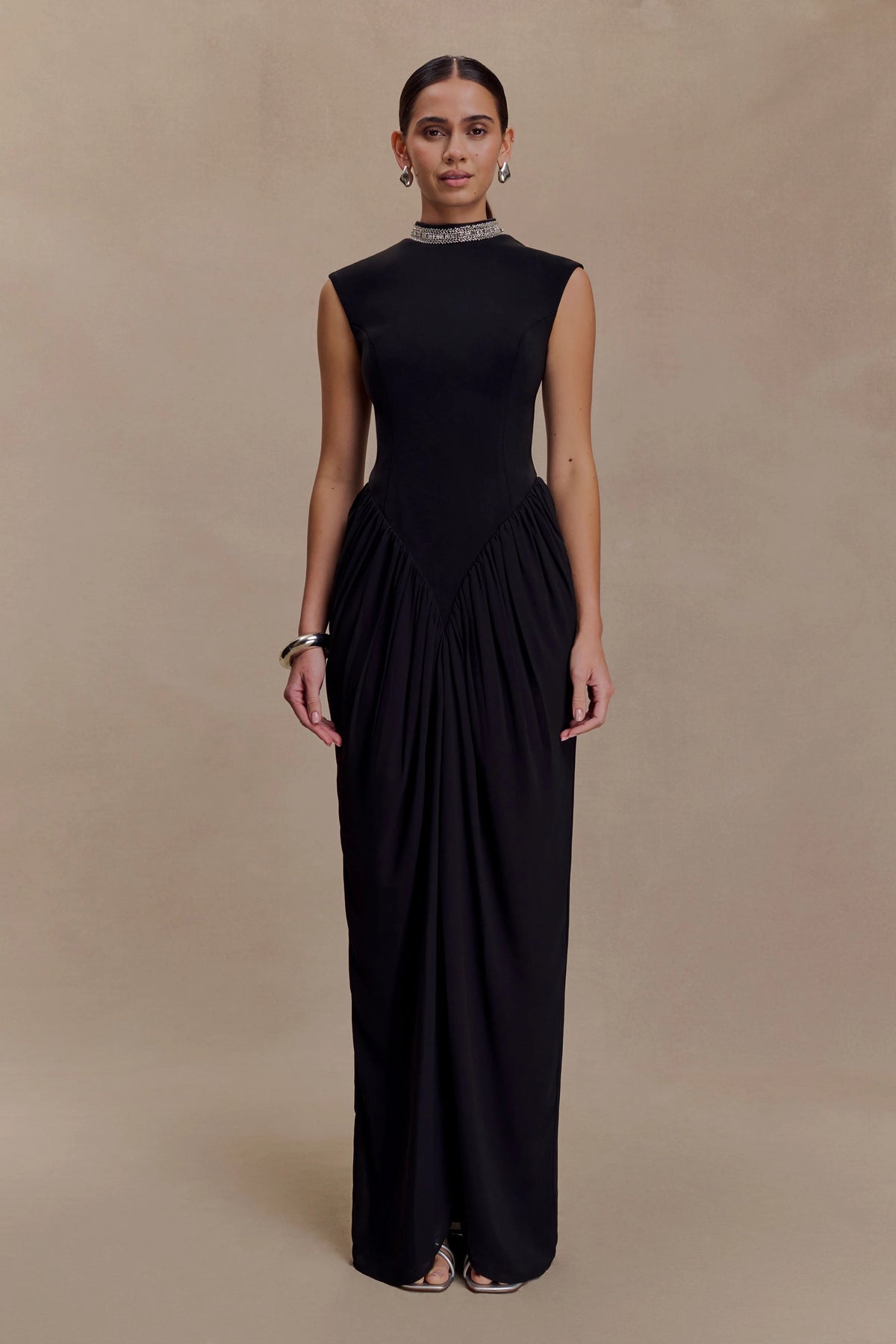 Elisa Diamante Neck Maxi Dress - Black