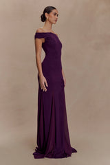 Nesta Embroidery Off Shoulder Knit Dress - Plum