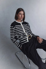 Talia Stripe Knit Cardigan - Black/White