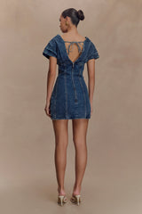 Pascale Off Shoulder Denim Mini Dress - Washed Dark Blue