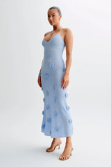 Suki Knit Maxi Dress With Flowers - Light Blue