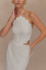 Kensley Broderie Halter Top - White