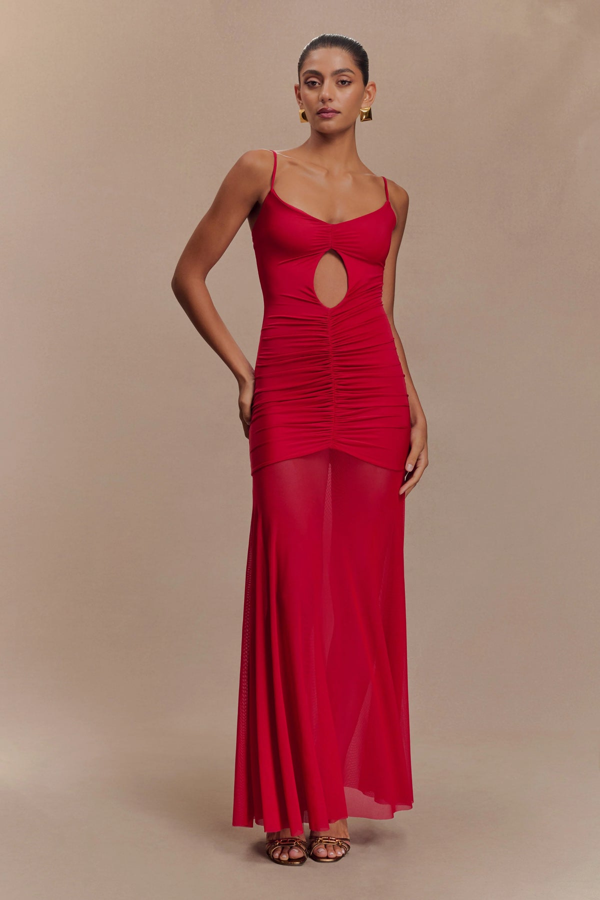 Delaney Slinky And Mesh Maxi Dress - Red