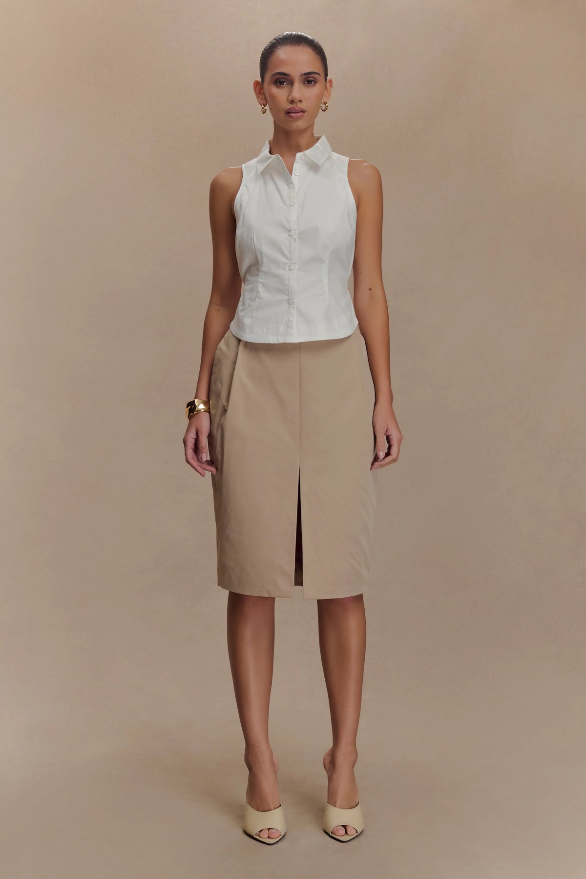 Vera Twill Split Front Midi Skirt - Camel