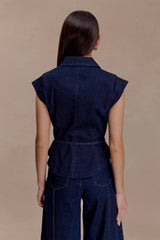Charley Structured Tie Denim Top - Indigo Blue