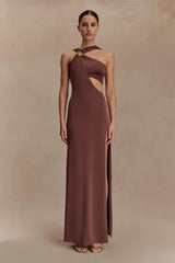 Lottie Slinky Maxi Dress With Split - Chocolate