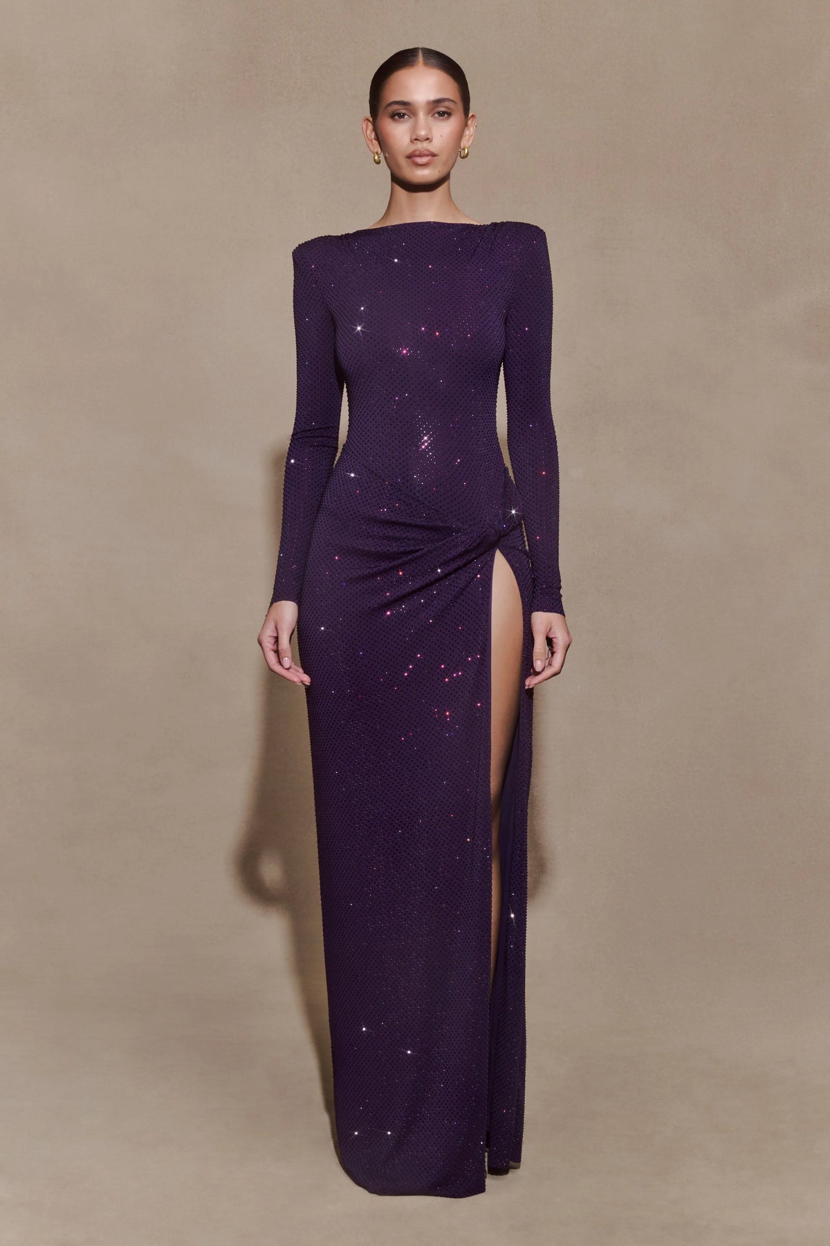 Deanna Long Sleeve Diamante Maxi Dress - Purple