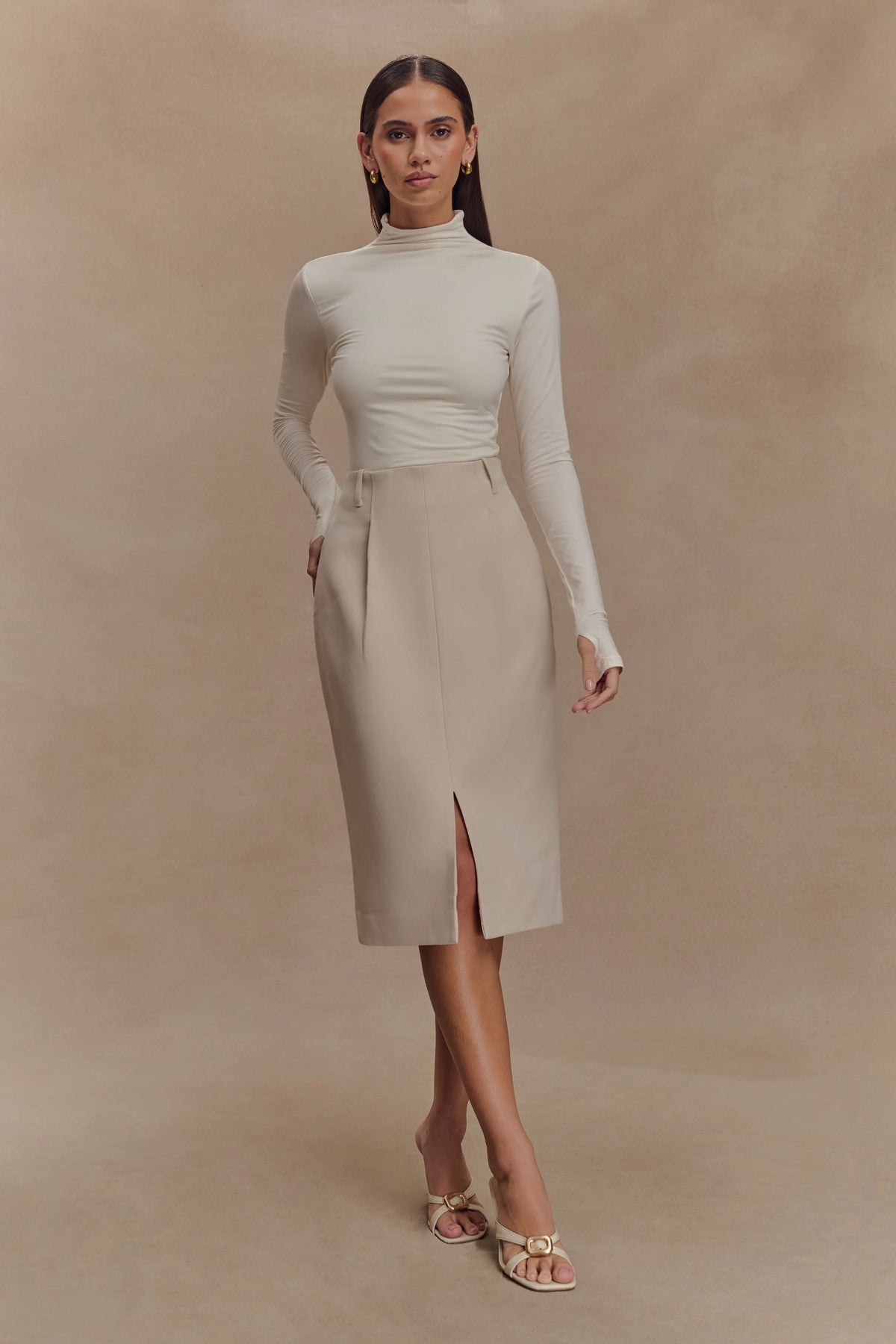 Vera Suiting Split Front Midi Skirt - Ivory Stone