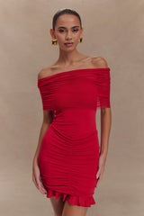 Caspian Slinky And Mesh Off Shoulder Mini Dress - Ruby