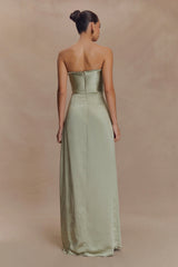 Larissa Satin Maxi Dress With Ruched Petals - Sage