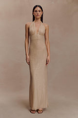 Harriet Halter Neck Diamante Maxi Dress - Sandy Gold